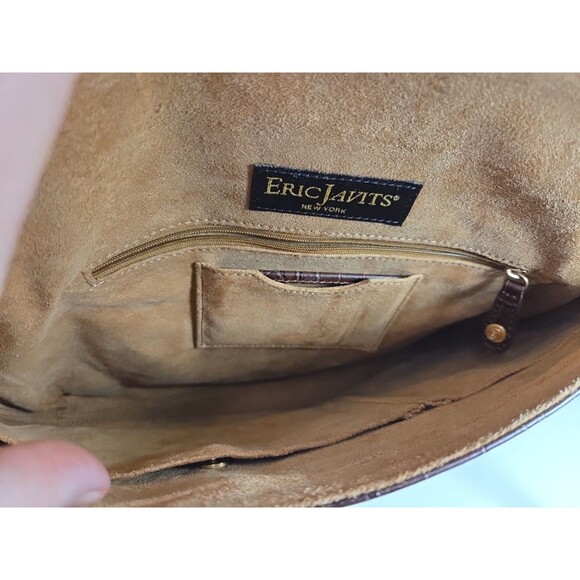 Eric Javits Laptop Tote Brown Croc Embossed Leather Gold Hardware Suede Interior - Picture 7 of 11